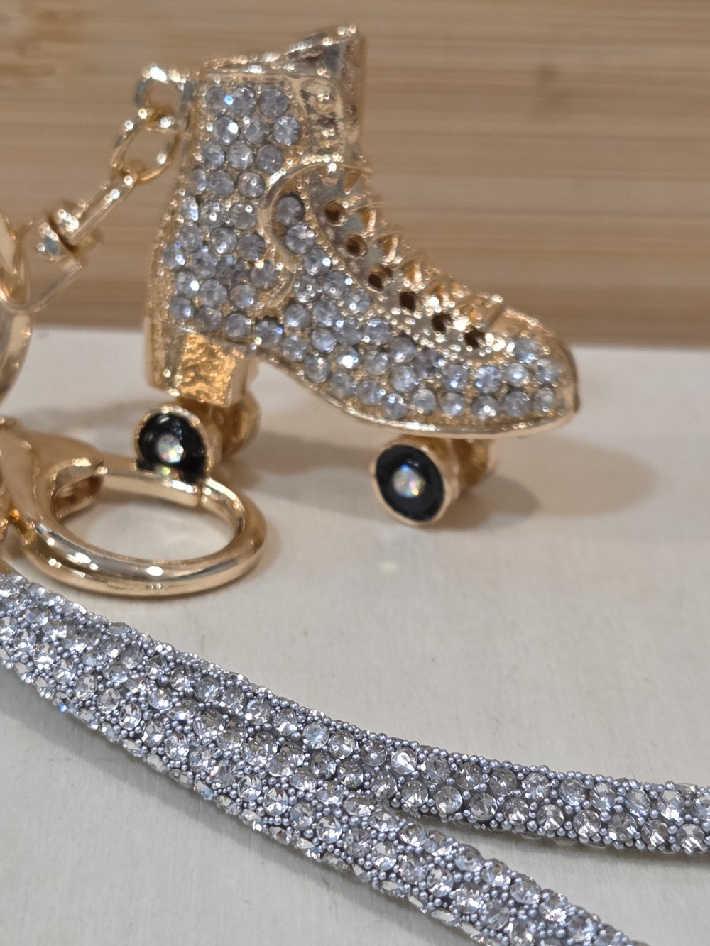 NEW Bling Rhinestone Roller Skate Keychain Crystal Wristlet Purse Charm Gold